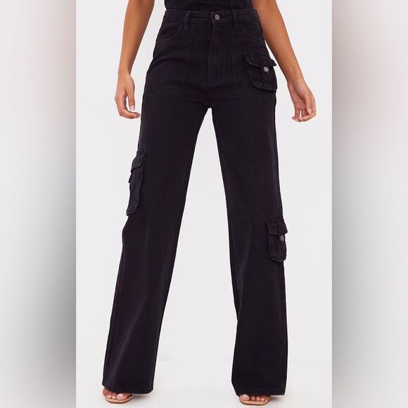 PrettyLittleThings Jeans Size 8 Washed Black Cargo Pocket Wide Leg Relaxed Fit - Picture 1 of 10
